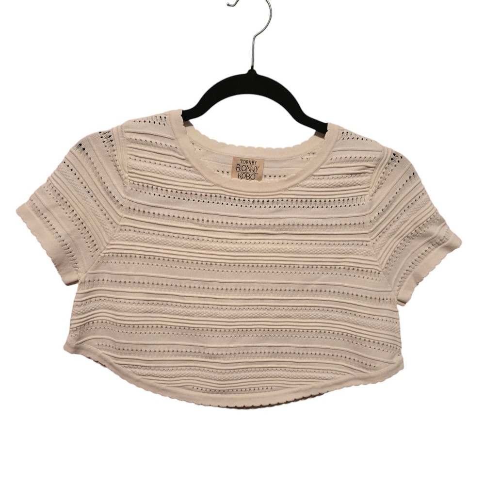 Torn by Ronny Kobo Womens Crop Top XS Ivory Stretch Knit Mesh Luxury Minimalist